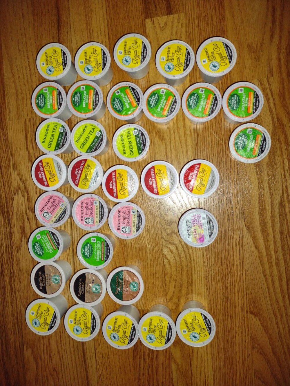 34 Coffee and Tea Pods, Arabica and Various Flavors, and variety of Bigelow Tea